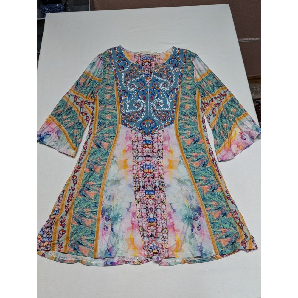 Soft Surroundings Womens XS Embroidered Bib Tunic Top Mixed Print Bell Sleeve